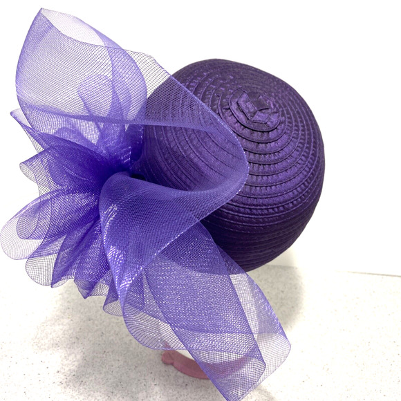 Vintage inspired purple hat with netting bow and faux pearls retro pill box look